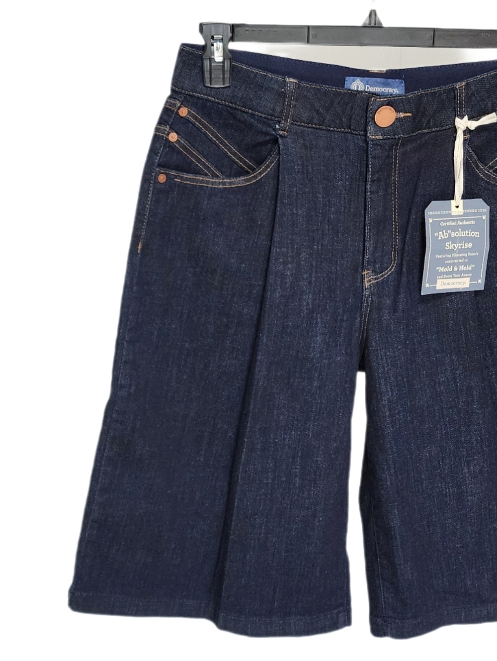 Democracy Pleated Front Relaxed Denim Bermuda Shorts Skyrise Ab Solution Indigo - Picture 7 of 9